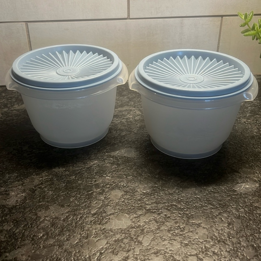 Set of 2- 2 cup blue lid Servalier bowls by Tupperware. Vintage. Great shape